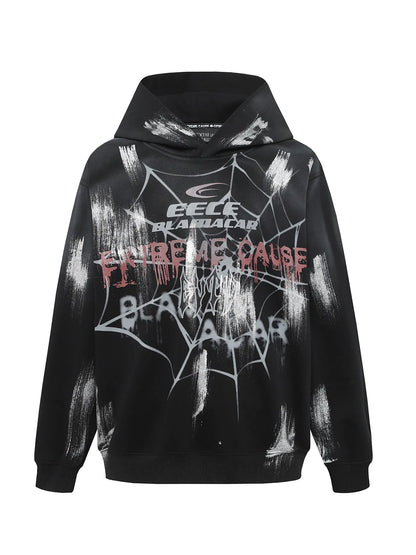 Men's black gothic hoodie with a spider web and graffiti print.