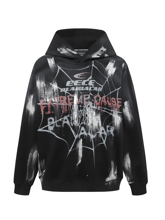 Men's black gothic hoodie with a spider web and graffiti print.