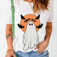 A woman wears a white short-sleeve t-shirt with a "Ghost Him" graphic.