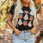 Halloween graphic round neck short sleeve t-shirt with pumpkins and ghosts.