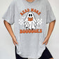 Gray short-sleeve t-shirt with a ghost graphic reading "Read More Boooooks."