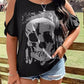 Plus size black cold shoulder t-shirt with a gray skeleton graphic.