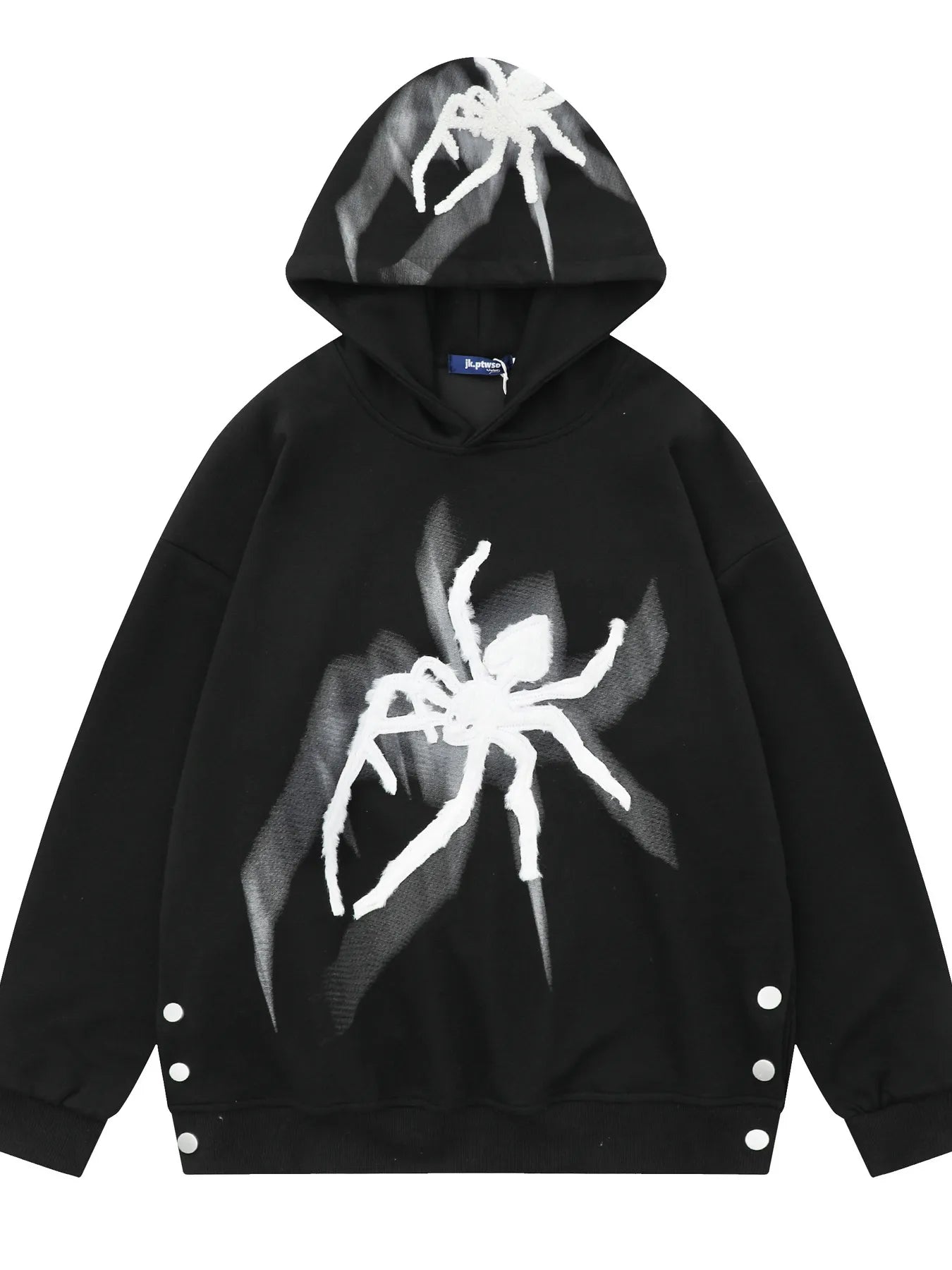 Men's black oversized hoodie with a white spider graphic and side button details.