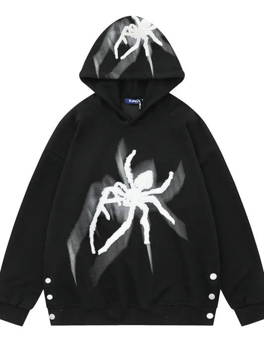 Men's black oversized hoodie with a white spider graphic and side button details.