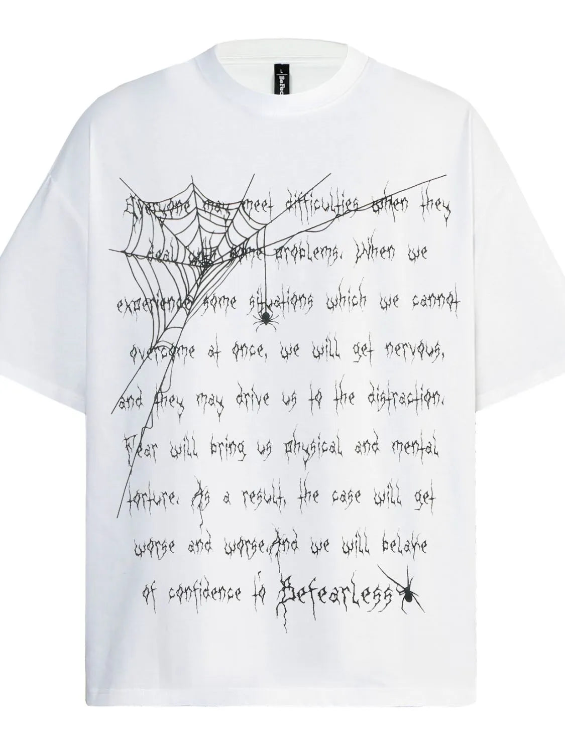 Men's white oversized t-shirt with a spider web and letter print.