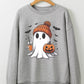 Gray sweatshirt with a ghost wearing a beanie, holding a drink and a pumpkin.