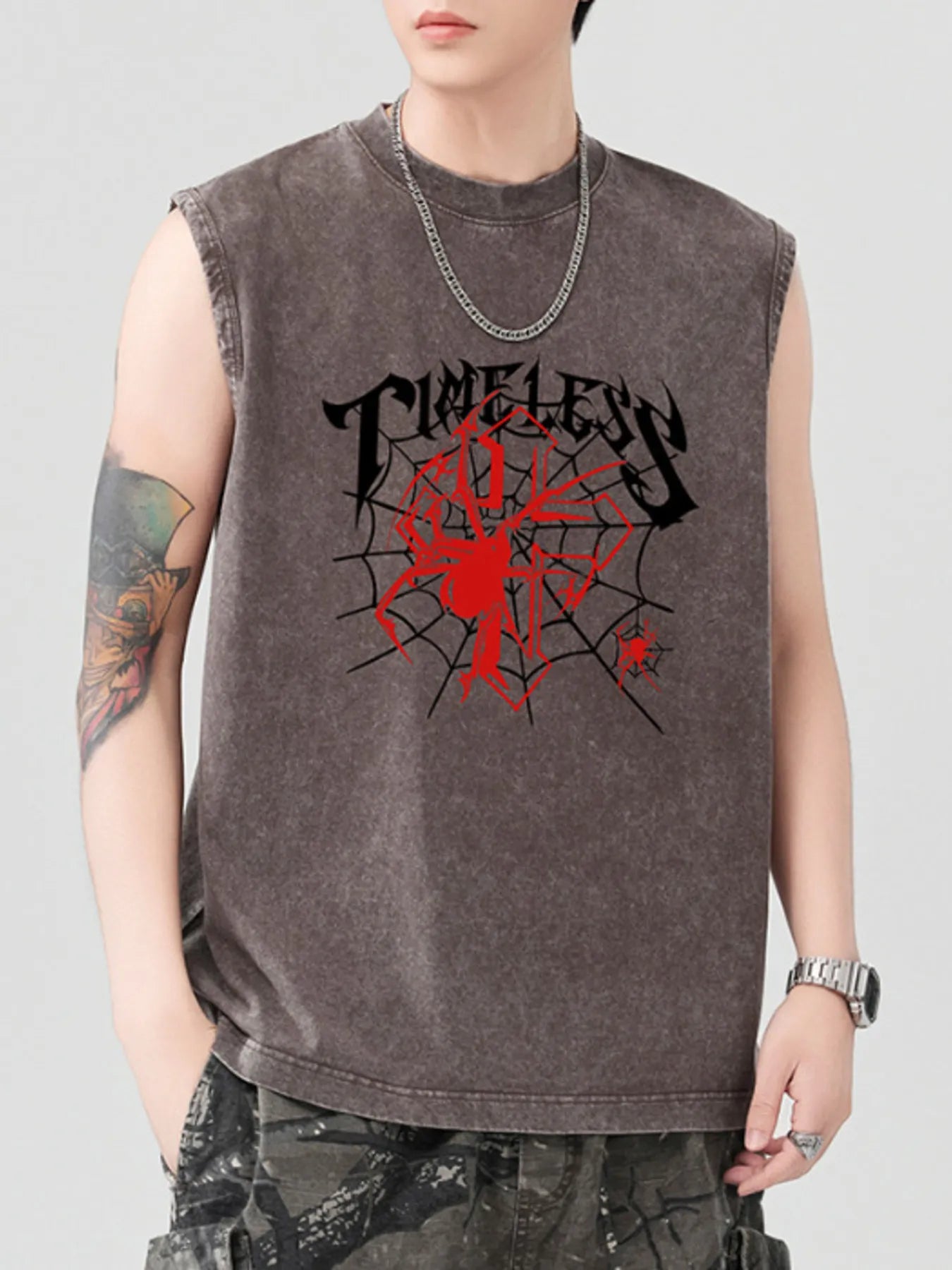 Men's gray tank top with a red spider and web graphic.