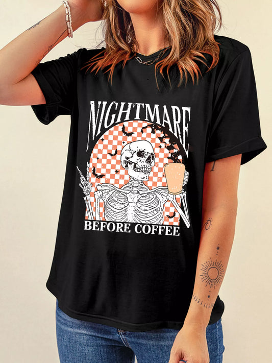 A woman wears a black tee with a skeleton and "NIGHTMARE BEFORE COFFEE" graphic.