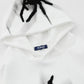 White men's oversized hoodie with a black spider graphic on the hood and front.