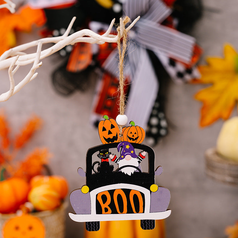 A car-shaped Halloween hanging widget features a gnome, black cat, pumpkins, and "BOO."