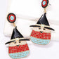 Pair of witch's hat-shaped dangle earrings with red, white, and blue synthetic pearls.