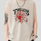 Men's beige sleeveless tank top with a black and red spiderweb graphic.