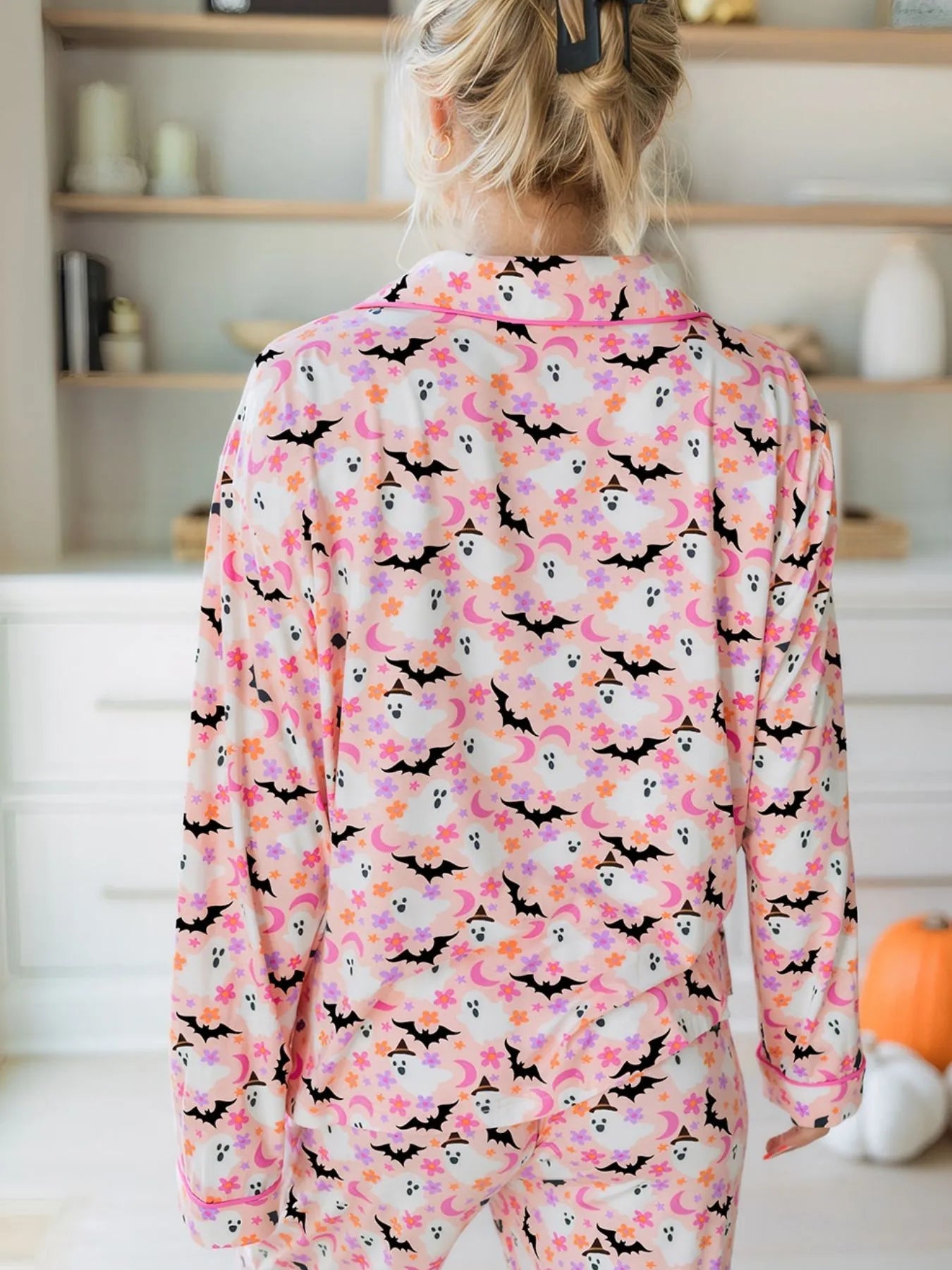 Halloween ghost print button-up top and pants lounge set.