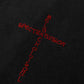 Black hoodie with red embroidered text forming a cross shape.